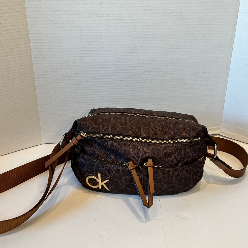 Brown Calvin Klein CK logo messenger bag